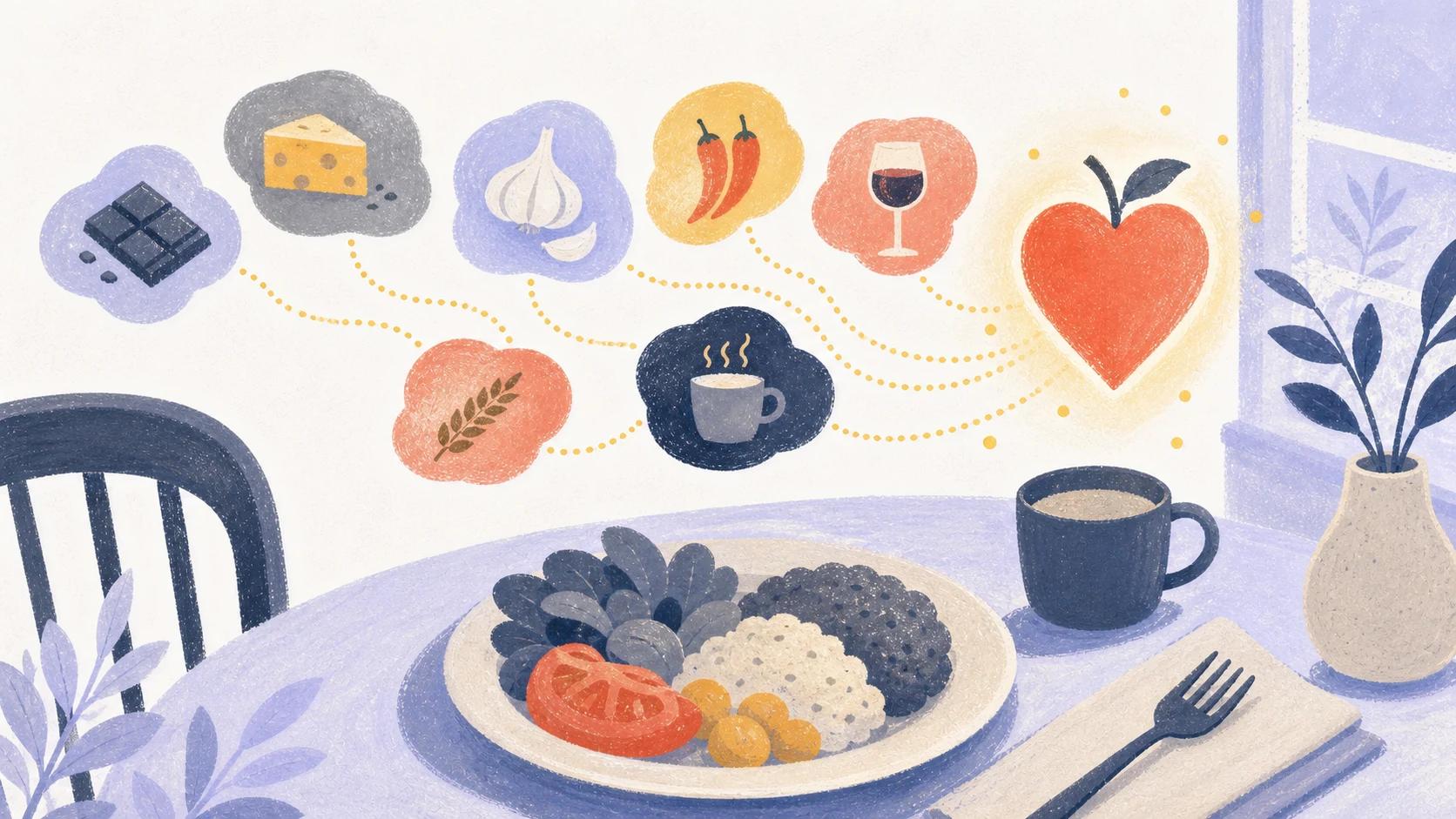 Illustrated dining table with meal shapes, floating trigger clouds, and a coral heart-shaped fruit.