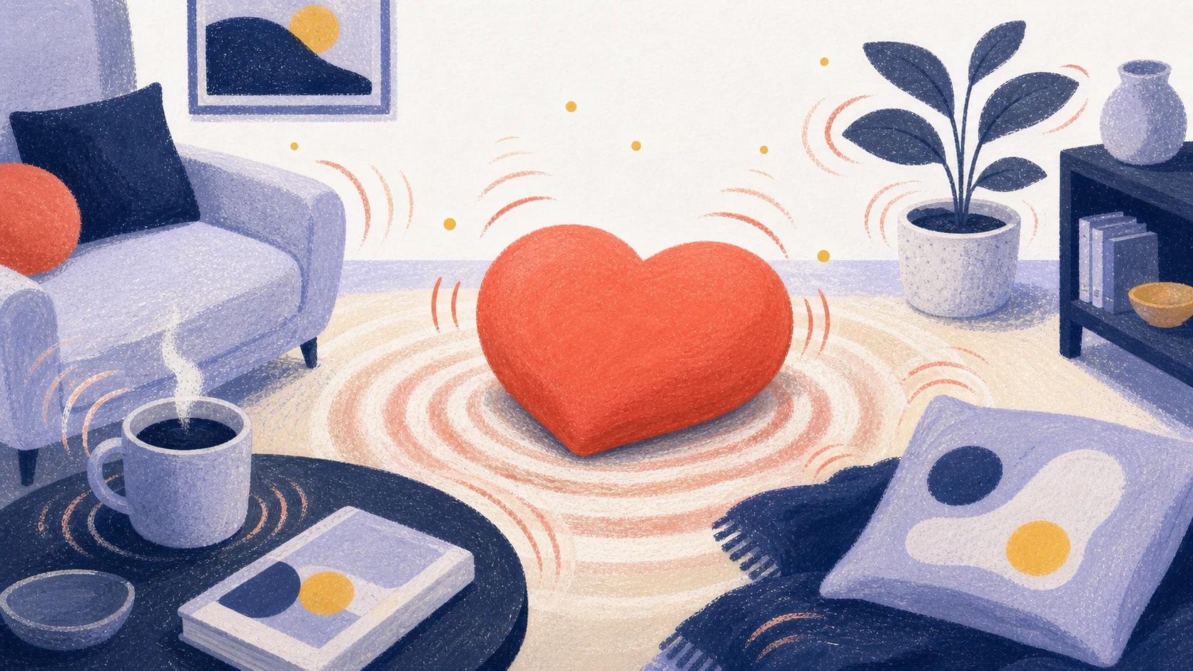 Illustrated living room with a coral heart cushion sending gentle ripples through nearby objects.